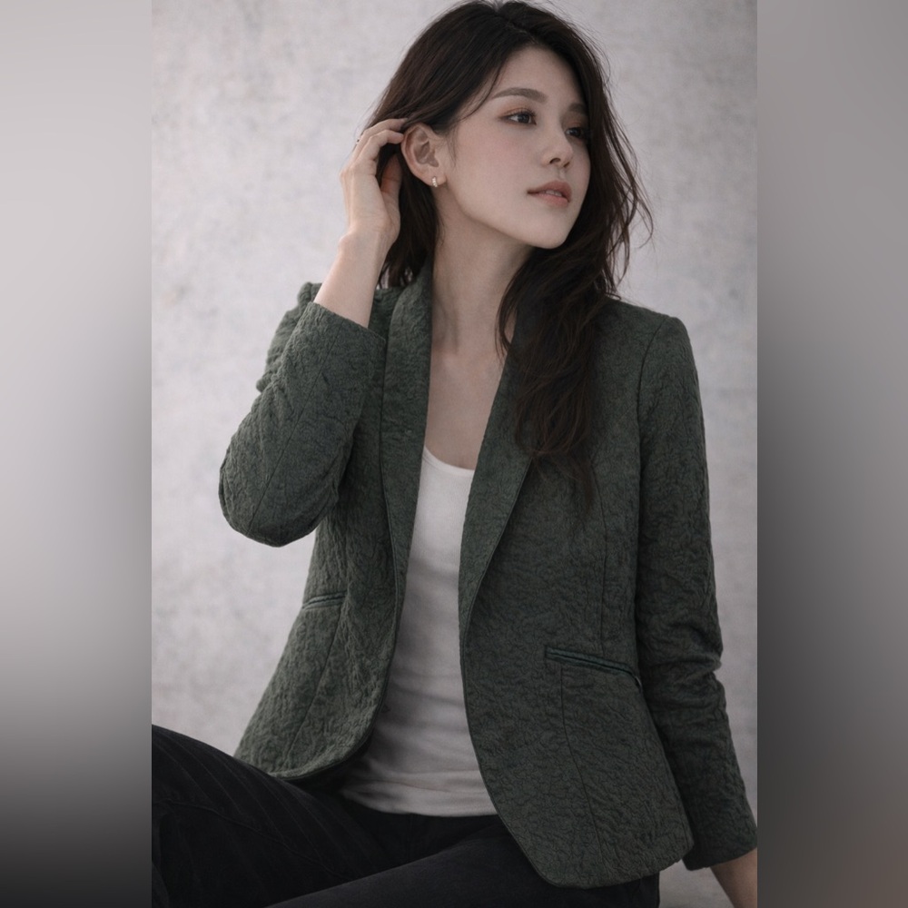 Chicos Collared Long Sleeve Open Quilted Blazer Dark Green Size 1